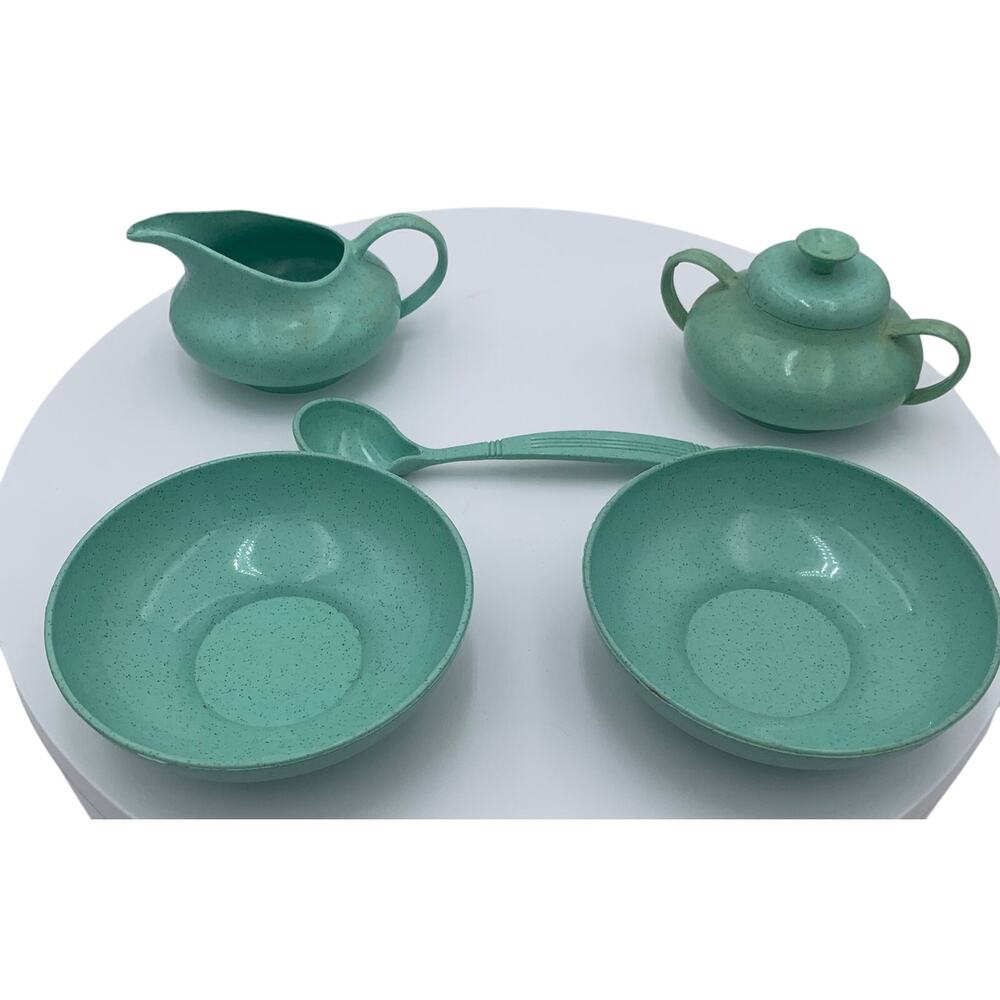 Gothem Bowls Sugar Creamer Spoon Tea Set Blue Speckled Children Play Vintage
